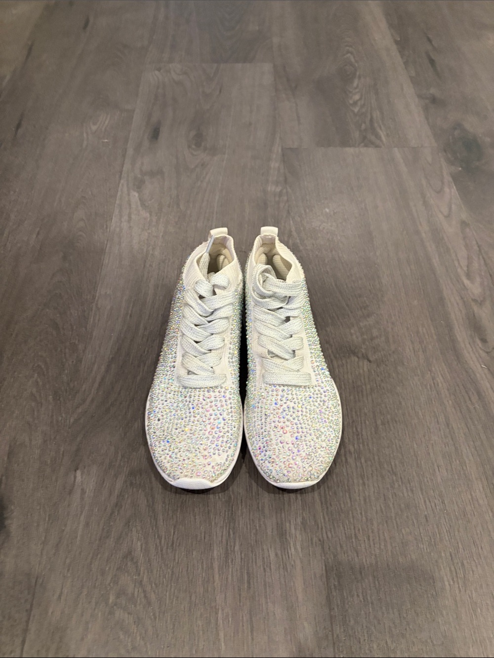 Girls' White Rhinestone Knit Lace-Up Sneakers